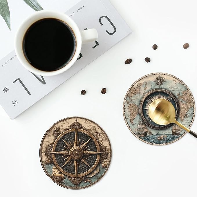 Nautical Compass Coasters for Drinks with Holder Round Leather Coasters Set of 6 Cups Mugs Mat Pad for Home Kitchen Bar
