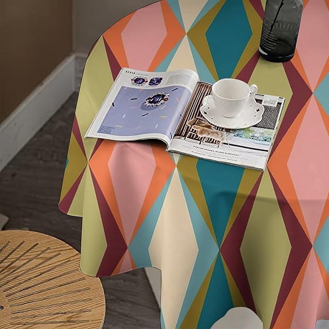 Abstract Geometric Boho Round Tablecloth, Retro Modern Mid Century Tablecloth for Home Party Dining Room Kitchen Decor 70Inch(178cm)