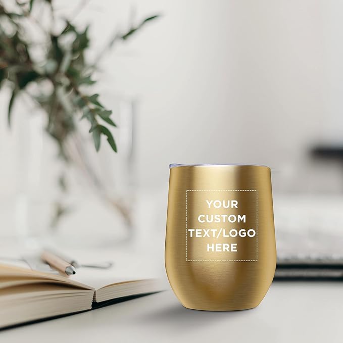 Custom Stemless Wine Glass Tumblers with Lids by Largo 11 oz. Set of 6, Personalized Bulk Pack - Perfect for Wine, Cocktails, Other Hot & Cold Beverages - Gold