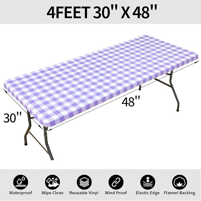 Smiry Rectangle Picnic Table Cloth, Elastic Waterproof Fitted Vinyl Tablecloths, Flannel Backed Buffalo Plaid Table Covers for Dining, Camping, Outdoor (White and Purple, 30" x 48")