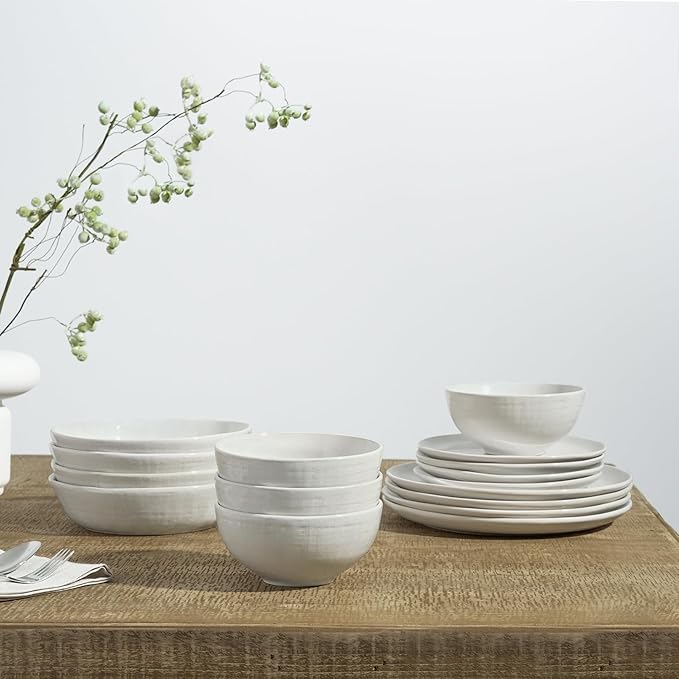 Famiware Moonlight Plates and Bowls Sets, 18 Pieces Stoneware Dinnerware Sets with Linen Finish, Handmade Dishware set for 6, Microwave and Dishwasher Safe, Scratch Resistant Tableware, White