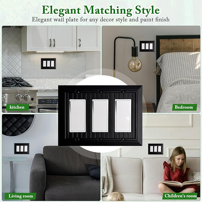 Beadboard Outlet Covers Wall Plates, Bamboo Fiber Light Switch Covers, Natural Material Electric Receptacle Decorative Switch Plate Outlet Cover Matte Black (3 Gang Decorator 1 Pack)