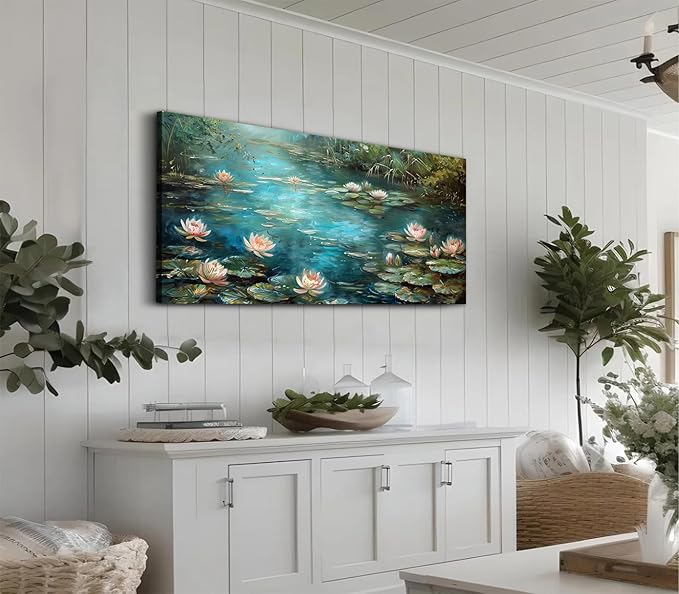 ADJUVANT Wall Art Impressionist Water Lily Pond 48" L x 24" W, Lotus Flower Canvas Painting Nature Artwork Green Water and Pink Blooms Prints Wall Decor for Living Room Bedroom Study Home Office