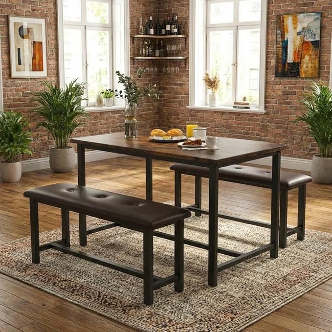 Garvee Dining Table with 2 Benches, Kitchen Table with 2 Upholstered Benches, 3 Piece Dining Table Set Space Saving for Apartment, Kitchen, 44.48" l x 27.58" w x 29.58" h, Rustic Brown