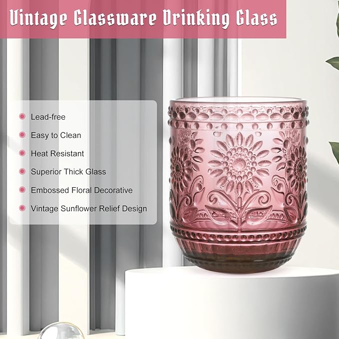 Topsky Vintage Drinking Glass Set of 4,12 oz Embossed Floral Drinkware Set,Colorful Drinking Glasses Cups Wine Glasses Colored Glassware for Whisky,Beer,Juice,Cocktail,Heavy Duty