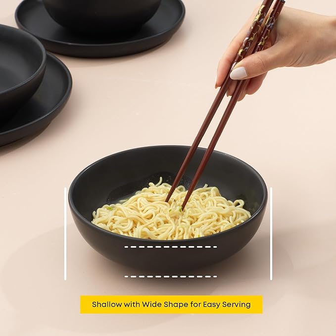 JoyJolt Mesa 30oz Stoneware Pasta Bowls Set of 4, Salad and Serving Bowls for Kitchen, Oatmeal, Soup, Dinner - Matte Black, Dishwasher and Microwave Safe, Wide and Shallow Plate