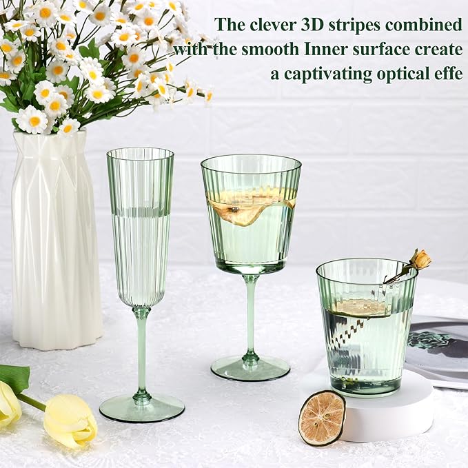 12 PCS Green Plastic Wine Glasses with Removable Stems 13.5 Oz Ribbed Wine Glasses Square White Wine Glass Muted Pastel Colors Goblets Elegant Fluted Glassware for Wedding Anniversary Birthday
