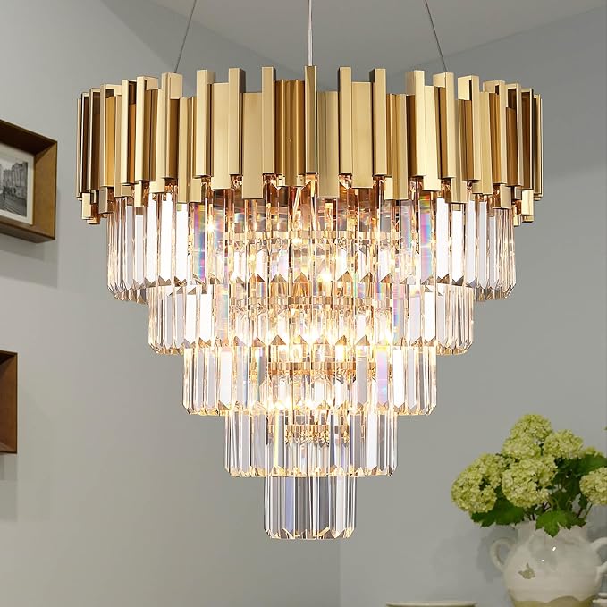 Modern Crystal Chandelier Gold Round Chandeliers Light Fixture for Dining Room Raindrop Pendant Ceiling Lighting Foyer Hallway Entryway Chandelier 5-Tier 10 Lights W23.6