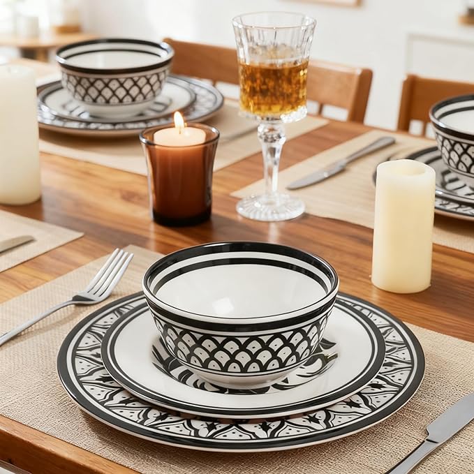 Melamine Dinnerware Sets-12pcs Melamine Plates and Bowls Set, Unbreakable, Dishwasher Safe, Indoor Outdoor Use, Ideals for Parties, Camping Dish Set, Black and White Pattern