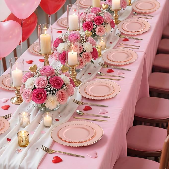 EI 60pcs Pink Plastic Plates with Gold Rim,Pink Party Plates Disposable,Heavy Duty 10" Dinner & 7" Dessert Plate Fancy Elegant Plate for Wedding,Birthday,Afternoon Tea,Valentine's Day