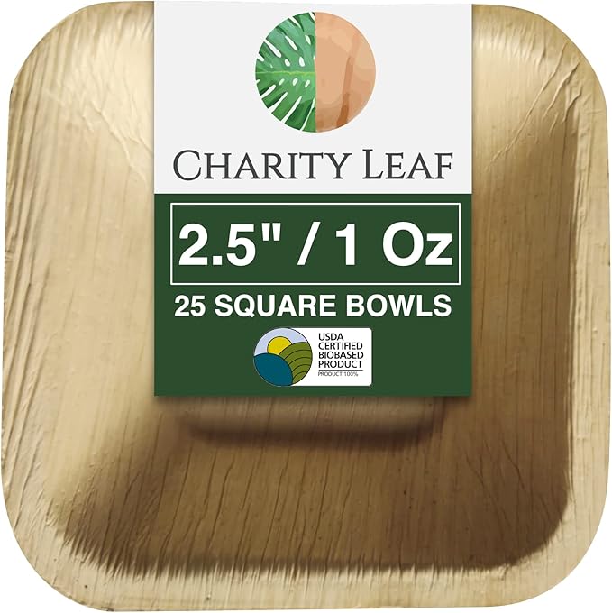 Charity Leaf Disposable Palm Leaf 2.5" Square Mini Bowl (25 pcs) Dipping Bowls | Bamboo Like| All Natural and Biodegradable | Charcuterie Boards, BBQs, and Parties