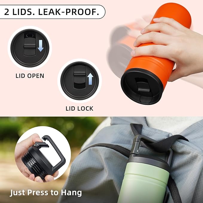 BJPKPK Insulated Water Bottle with 2 Lids,20 oz Double Wall Stainless Steel Vacuum Tumbler Travel Coffee Mug,Wide Mouth Thermal Cup,Orange
