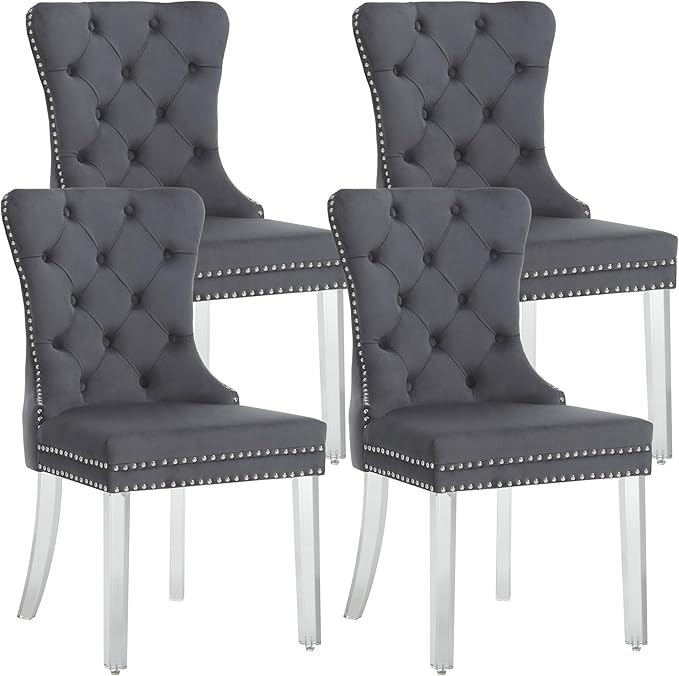 KCC Velvet Dining Chairs Set of 4, Upholstered Tufted Wingback Dining Room Chair with Nailhead Back Ring Pull Trim Solid Acrylic Legs, Contemporary Nikki Collection Style for Kitchen, Grey