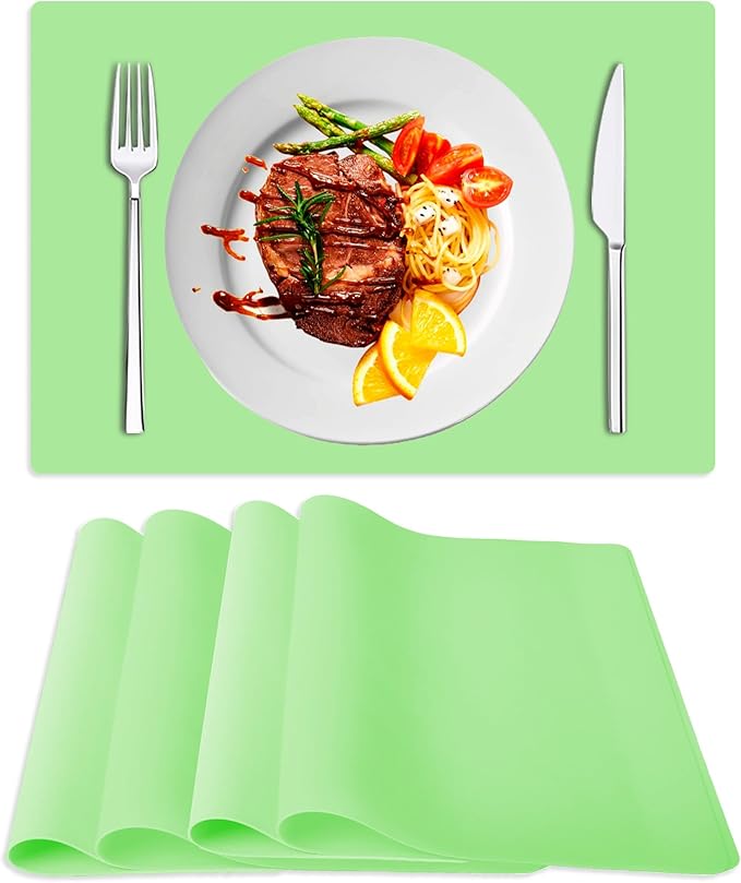 Silicone Placemat Set of 4,Heat Resistant Non-Slip Silicone Mat for Dining Table and Kitchen,Waterproof Wipeable Easy Clean Table Mat 15.8"x11.8" Ultra-Thin Semi-Transparent (Bright Green)