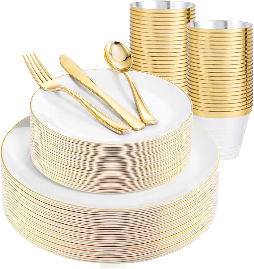 WDF 150Pcs White and Gold Plastic Plates - Gold Plates Disposable - 25guest Disposable Dinnerware Include 25 Dinner Plate, 25 Dessert Plate, 25 Cutlery & 25 9oz Cups for Wedding Party Valentine's Day
