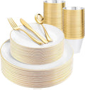 WDF 150Pcs White and Gold Plastic Plates - Gold Plates Disposable - 25guest Disposable Dinnerware Include 25 Dinner Plate, 25 Dessert Plate, 25 Cutlery & 25 9oz Cups for Wedding Party Valentine's Day