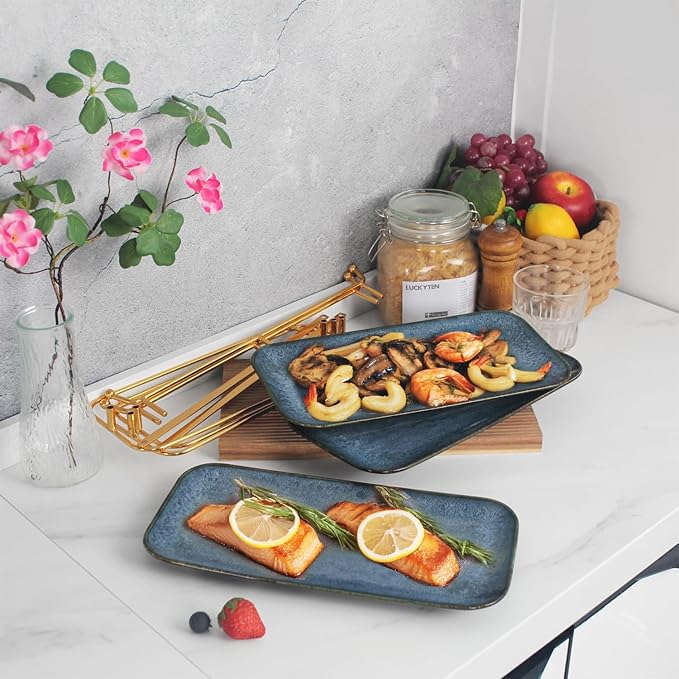 3 Tier Serving Trays for Party, 12.4 Inch Porcelain Serving Platters and Tiered Trays, Foldable Sturdy Gold Stand, for Food Display, Fruit, Cake Dessert, Decoration Entertaining, Blue