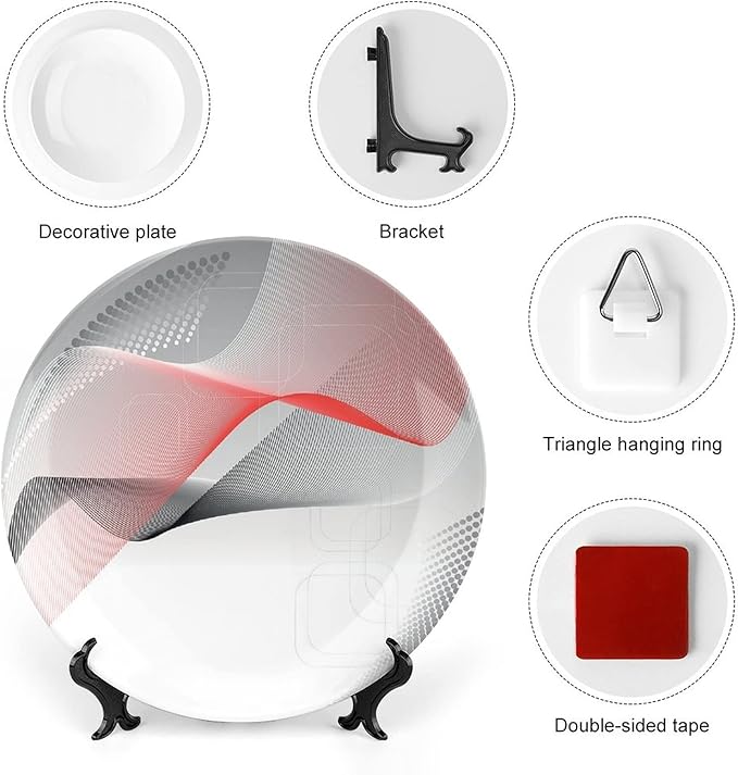 Ceramic Plates, Abstract Decorative Ceramic Plates, Modern Geometric Squares Dots Curves Waves, 7 Inch, Household Plates Decorative, Red Grey Black