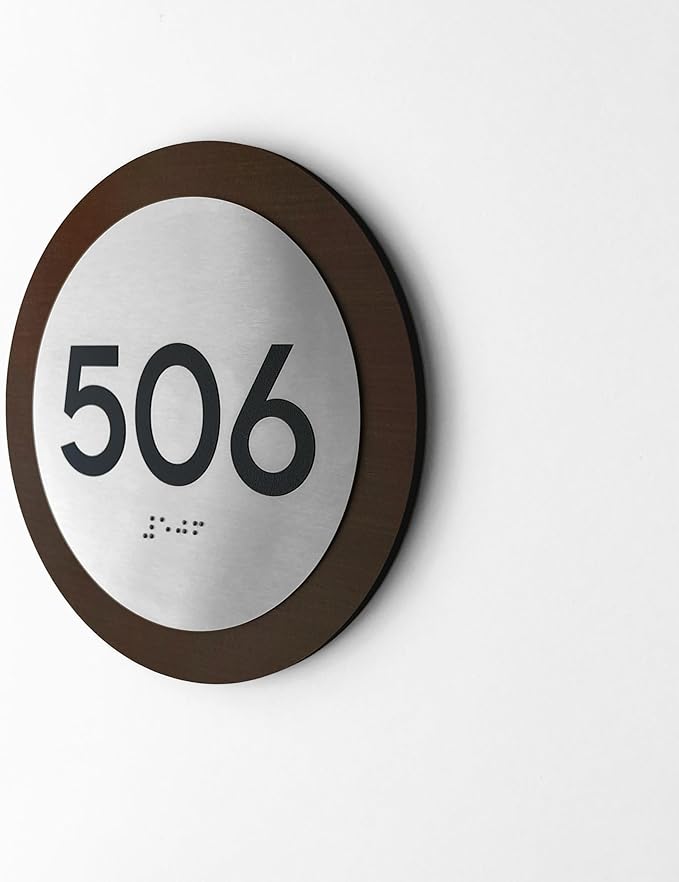 Bsign Round Door Number Sign - Wood Stainless Steel Plate - Custom Door Plates