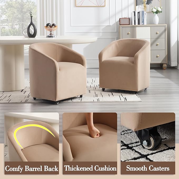 Modern Barrel Dining Chairs with Rolling Casters Set of 6, Upholstered Velvet Swivel Dining Room Chairs with Wheels for Kitchen Living Room Home Office, Khaki