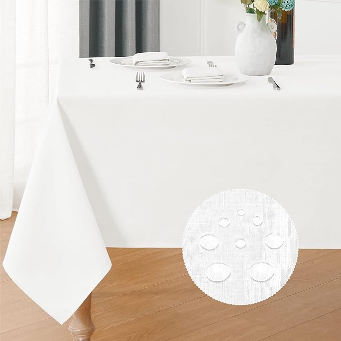 Rectangle 4 Feet Tablecloth 52x70 inch Linen Textured Table Cloth Stain and Wrinkle Resistant Washable Polyester, Decorative Table Cover Waterproof for Dining, Buffet and Camping, White