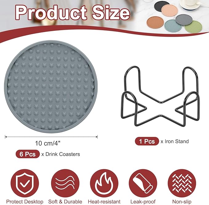uxcell Set of 6 Round Drink Coasters with Holder, 4" Silicone Coaster for Drinks Non-Slip Cup Coaster Heat Resistant Glass Cushion for Bar Kitchen Office Decor, Gray(Pentagon)
