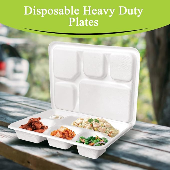 three leaf 5 COMPARTMENT MEAL TRAY WITH LID SET, 50 SETS. Heavy-Duty- Super Strong- Natural- Eco-Friendly Disposable Bagasse Tray with Lid, 100% Biodegradable Plates