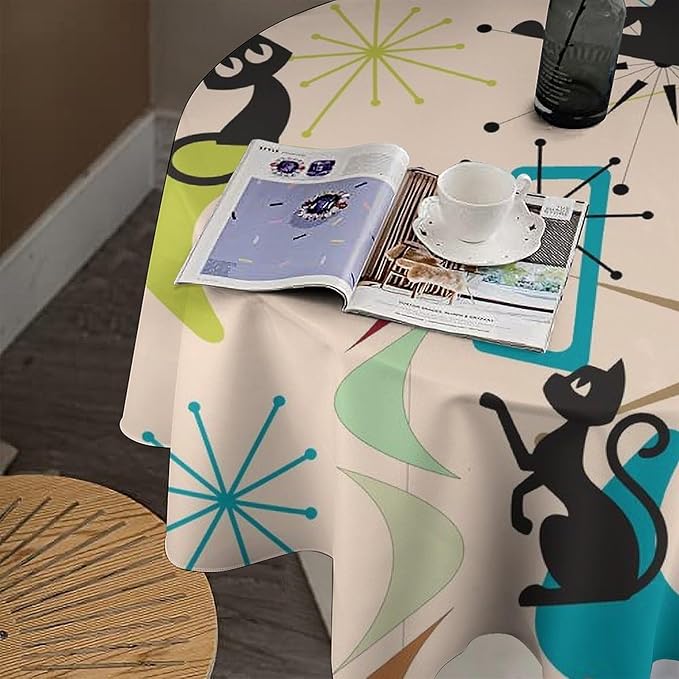 Mid Century Black Cat Round Tablecloth, Bohemian Modern Colorful Abstract Geometric Retro Art Bohemian Tablecloth for Home Party Dining Room Kitchen Decor 60Inch(152cm)