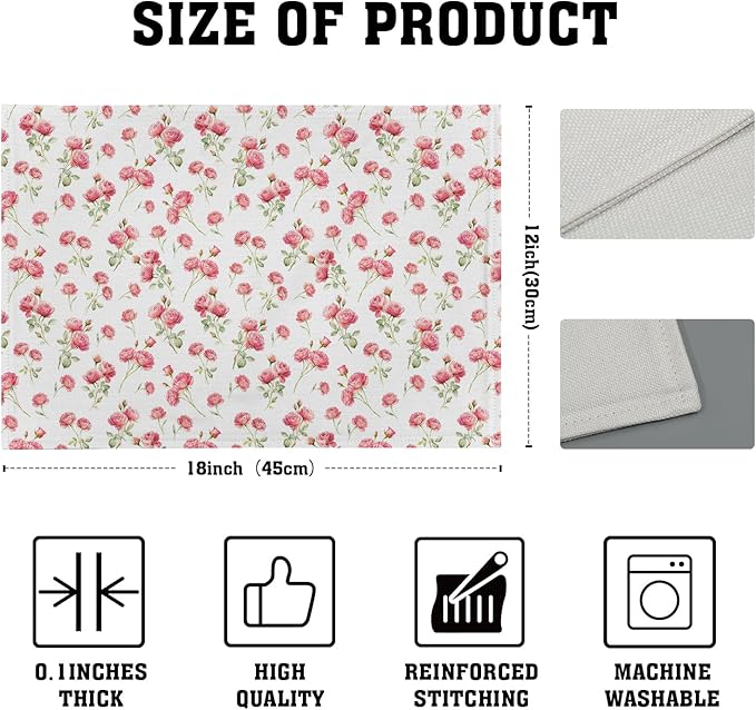 Pink Place Mats - Rose Placemats Set of 4 Floral Flower Table Mats 12x18 for Party Kitchen Dining