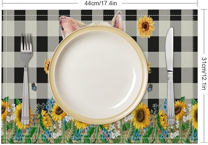 Rustic Pig Placemat Set, Vintage Farmhouse Cute Animal Sunflower Floral Black White Plaid Blue Bowknot Pattern Home Decor Table Mats for Dining Room Kitchen Party (17x12in) x4P