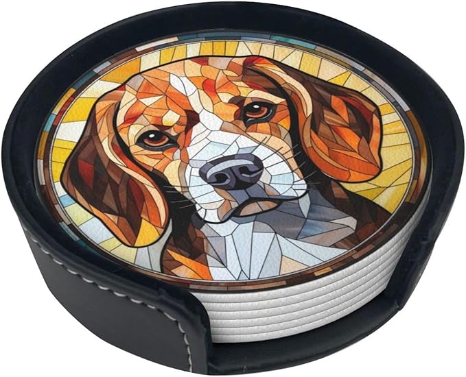 Drink Coaster Set of 6, Beagle Dog Mom Lover Gift,Leather Drink Coasters with Holder,6 Pack Cup/Bar/Drink Coasters for Table/Drinks/Coffee Protection Housewarming Gift