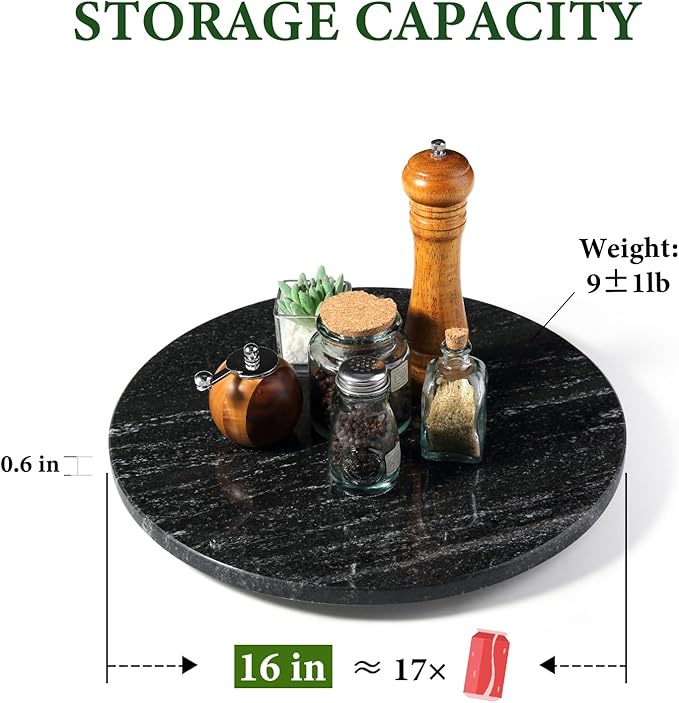 Koville 16'' Black Marble Lazy Susan for Kitchen, Marble Turntable for Dinning, Stone Lazy Susan Organizer for Cabinet, Serving Rotation Spinning Tabletop Organizer Swiveling, Spice Rack Storage