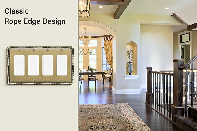 Henne Bery Rope Edge Decorative Wall Plate Switch Plate Outlet Cover (Quad Decorator, Antique Brass)