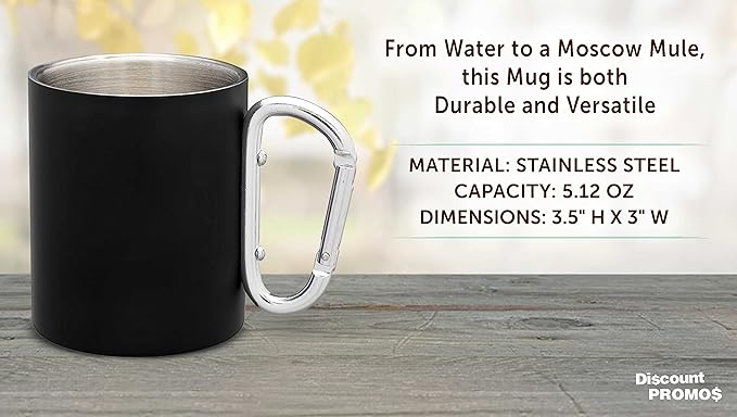 DISCOUNT PROMOS Stainless Steel Mugs with Carabiner Handle 10 oz. Set of 10, Bulk Pack - Perfect for Coffee, Soda, Other Hot & Cold Beverages - Black