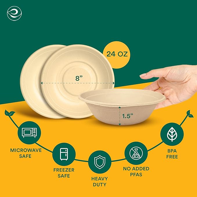 ECO SOUL 100% Compostable 24 Oz Soup Bowls [100-Pack] Disposable Sturdy Bowls I Heavy Duty Paper Bowl I Eco-Friendly Salad Bowl I Biodegradable Large
