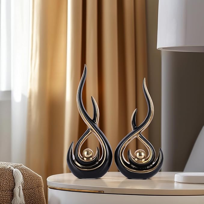 DOVDOV Ceramic Abstract 2 Piece Statue Set, Black and Gold Home Decor Accents for Home Decor Statue Mantelpiece on Unique Shelf Decor, TV Cabinet Divider Table top and Dining Table Centerpiece.