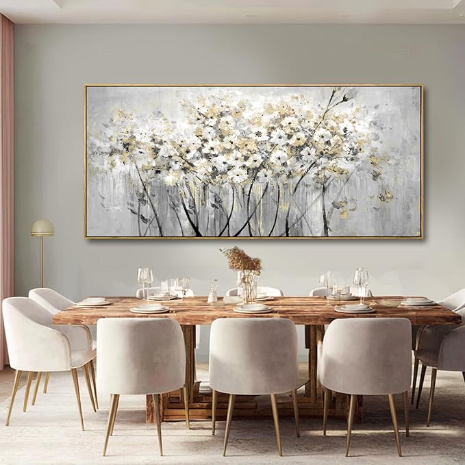 VAYIMDH White and Gold Canvas Wall Art Flower Photo Prints Vintage Wood Wall Decor 40"x86" Kitchen Artwork Pictures for Bedroom