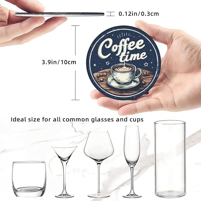 Coffee Coasters for Drinks with Holder Round Leather Coasters Set of 6 Cups Mugs Mat Pad for Home Kitchen Bar