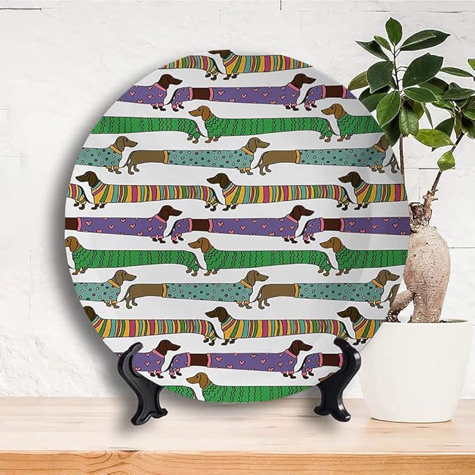 Ceramic Plates, Dog Lover Decorative Ceramic Plates, Cartoon Style Dachshunds Dressed in Pyjamas Chevron, 8 Inch, for Dining, Parties, Wedding, Multicolor