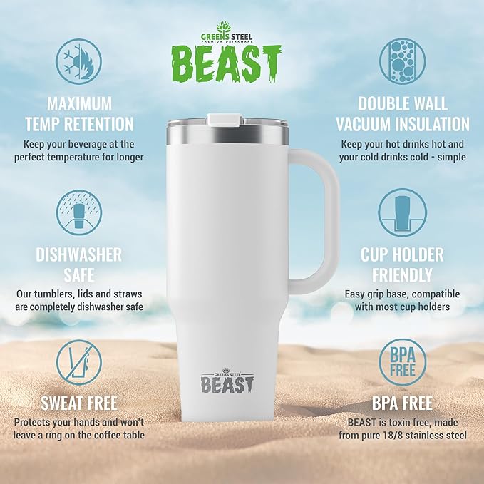 Beast 50 oz Tumbler with Handle Stainless Steel Vacuum Insulated Coffee Ice Cup Double Wall Travel Flask (Arctic White)