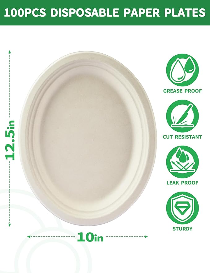 Compostable Biodegradable Oval Paper Plates, Large 12.5″ [100-Pack] - Heavy Duty Leak-Resistant Disposable Plates for BBQ, Picnic, Party, Birthday, Events, Dinner, Appetizer, Dessert & Cake