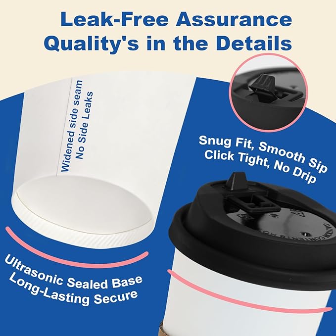 16 oz 300 Pack Coffee Cups with Lids and Sleeves, Straws, Hot Disposable To Go Travel Paper Cups Bulk for Office, Home Coffee Bar Accessories, Chocolate, Cocoa, Beverage (White)