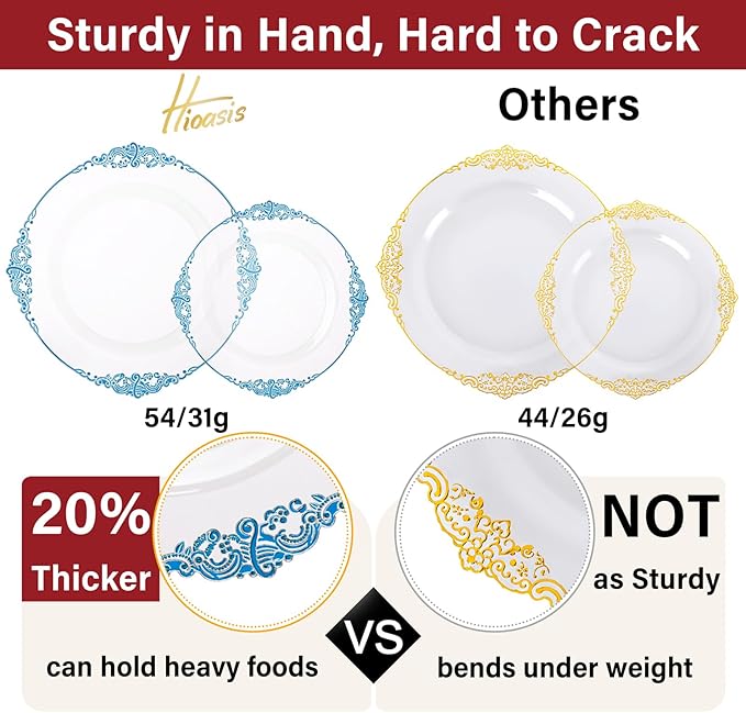 Hioasis 350pcs Clear Blue Plastic Plates - Elegant Disposable Dinnerware Set Suitable for 50 Guests Include 10.25" Dinner & 7.5" Dessert Plates, Pre Rolled Silverware Set, Cups for Party & Wedding