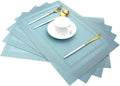 PIGCHCY Heat Insulation Non Slip Plastic Placemats,Washable Easy to Clean Woven Vinyl Kitchen Stain Resistant Placemats for Dining Table Set of 4(Sky Blue)