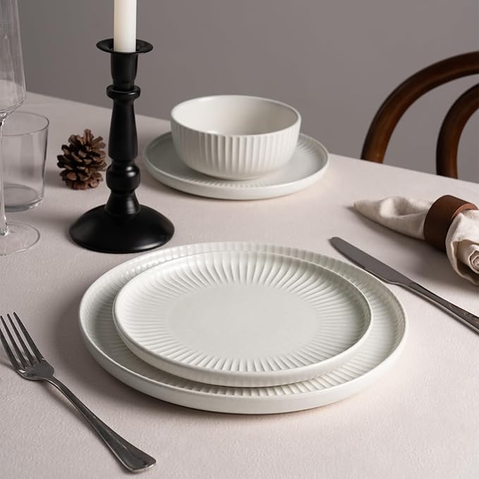 Famiware Starlight Plates and Bowls Dishes Set of 6 (18 Pieces), Ribbed Textured Stoneware Dinnerware Sets- Dishwasher & Microwave Safe, Chip Resistant, Matte Reactive White