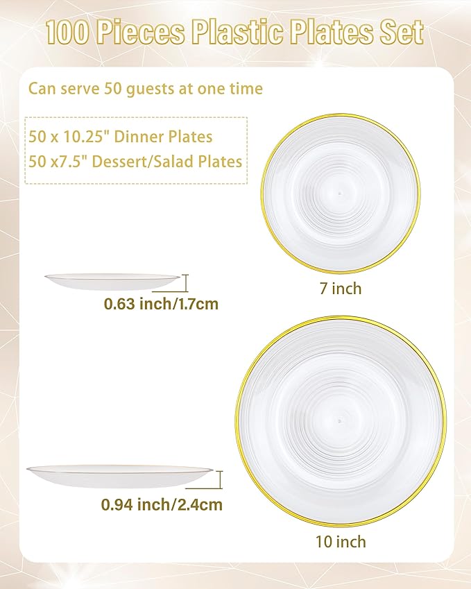 Morejoy 100Pcs Pearl White Plastic Plates,White Disposable Plates With Gold Rim,Heavy-duty Gold Plates, Modern swirl design Plate Include 50Clear Dessert-Platos,50Dinner-Platos for Party&Christmas