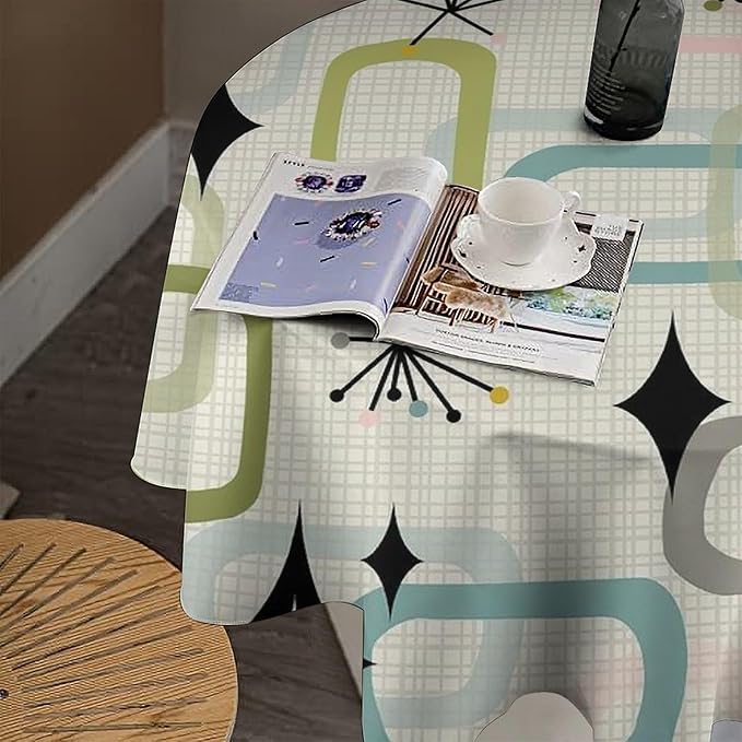 Mid Century Modern Round Tablecloth, Geometry Bohemian Retro Abstract Tablecloth for Home Party Dining Room Kitchen Decor 60Inch(152cm)