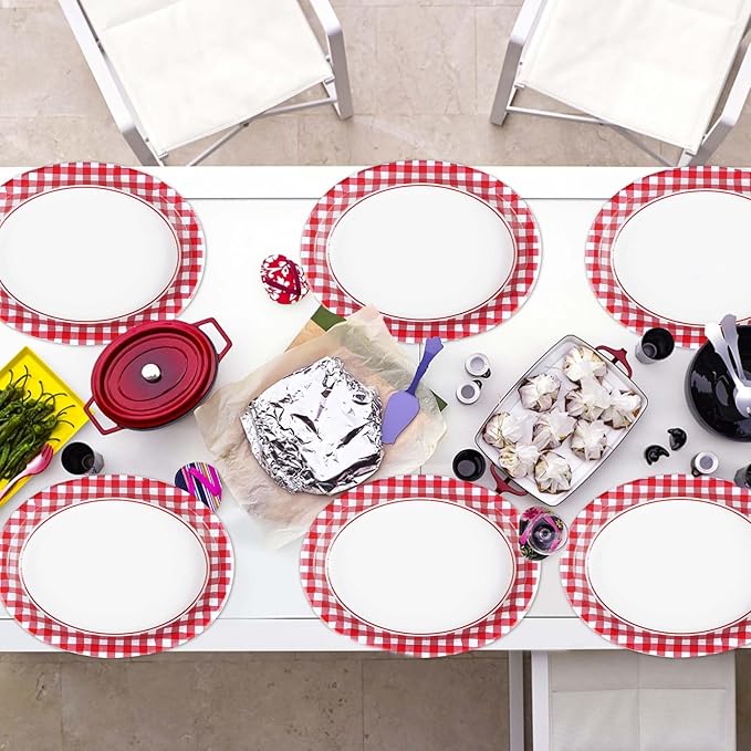 50Pcs Gingham Oval Paper Plates 10" x 12" Large Disposable Heavy Duty Valentine‘s Day Red and White Buffalo Checked Plaid Paper Dessert Platter Plates for Valentines Day Picnic Birthday Party Supplies