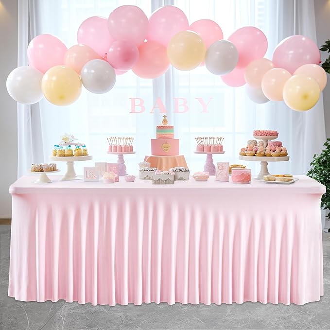 Wish Care 2 Pack Pink Spandex Table Clothes for 8 Foot Rectangle Tables, 8FT Wrinkle Free Fitted Tablecloths Ruffles Design Table Cover for Party, Banquet, Wedding and Events