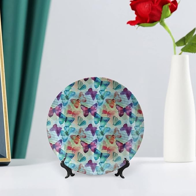 Ceramic Plates, Abstract Decorative Ceramic Plates, Watercolor Rainbow Colored Butterflies and Letterings Music, 6 Inch, for Dining, Parties, Wedding, Multicolor